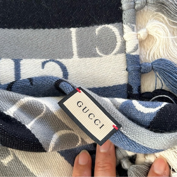 Authentic Gucci Unisex Striped & Signature Wool Scarf Blue Gray White - Picture 4 of 11
